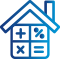 Icon of a house divided into four boxes. Addition, division, multiplication, and equals icon in each box