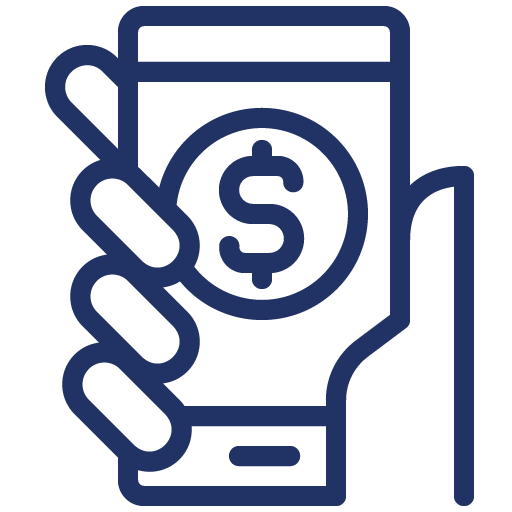 Black and white icon hand holding mobile phone with money symbol on it