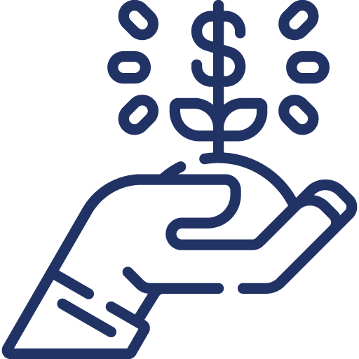 Black and white icon hand holding a plant growing money