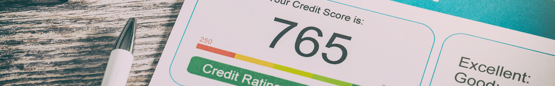 Brochure showing a credit score of 765 above a credit rating image
