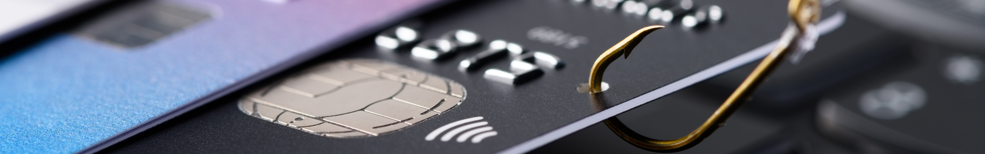 Image of a credit card with a hole punched in it. A fishing hook is in the hole.