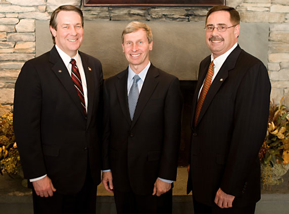 Ovide M. Lamontagne, Chairman of St. Mary's Bank Board of Directors, New Hampshire Governor John Lynch, and Ron Covey, President and CEO of St. Mary's Bank.